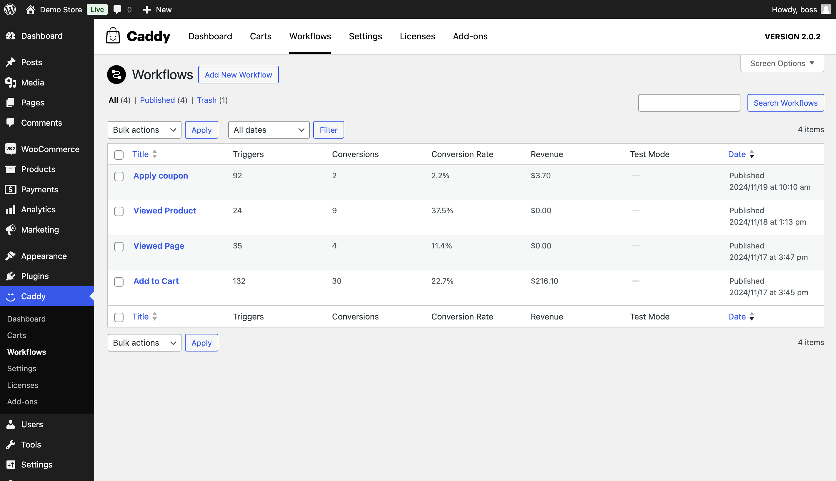 Workflows ‹ Demo Store — WordPress
